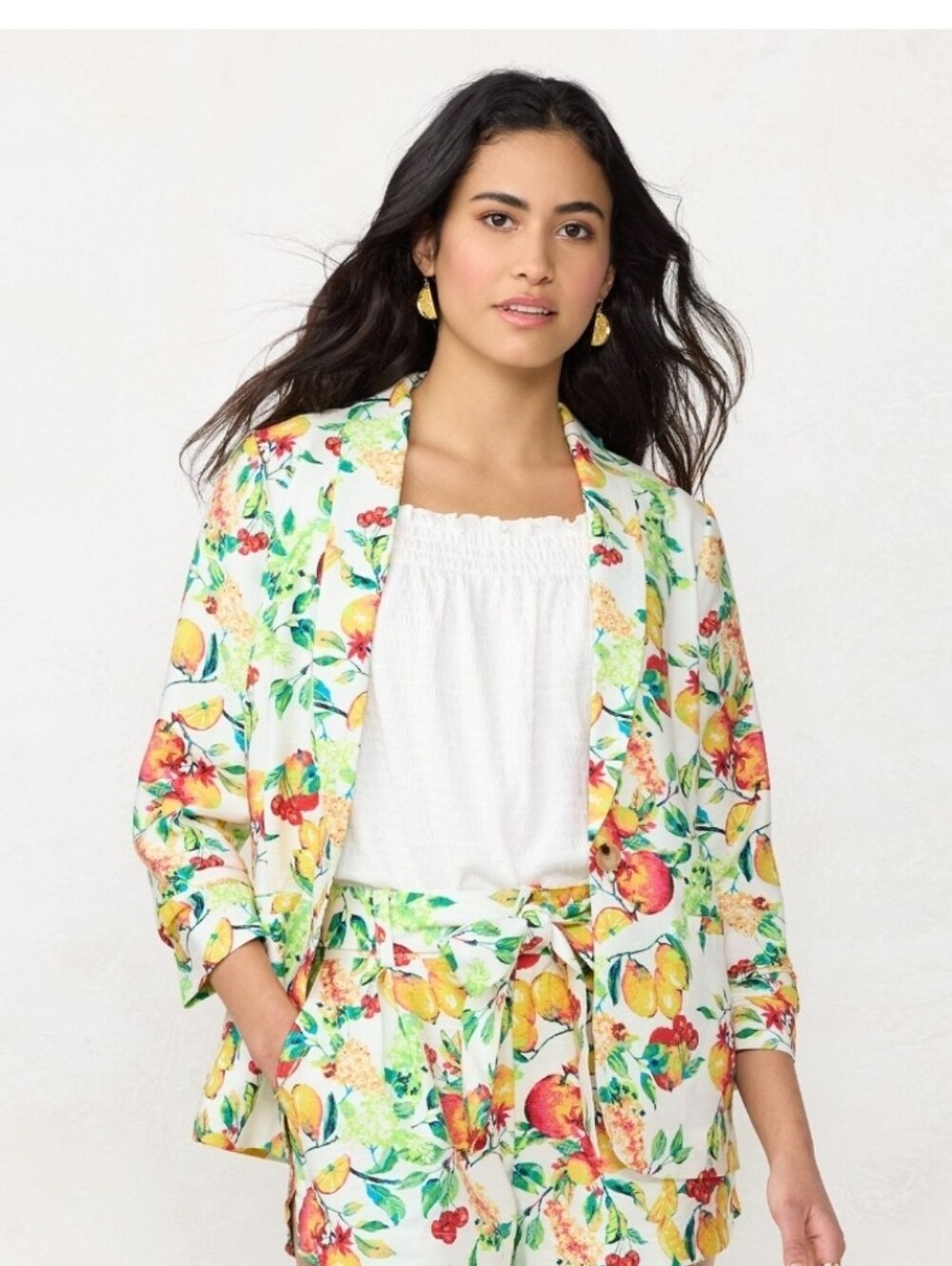 LC Lauren Conrad White Open-Front Blazer with Lemon & Floral Print